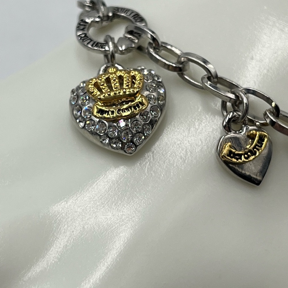Juicy Couture‎ Chain Bracelet Pave Crystal Silver Gold Tone Puff Heart Charms - Picture 9 of 16